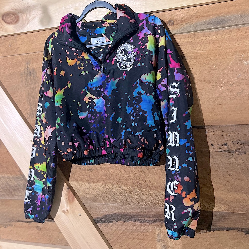 Sinner Splatter Paint Dragon Multi color windbreaker crop top Rue21 Large - Picture 2 of 7